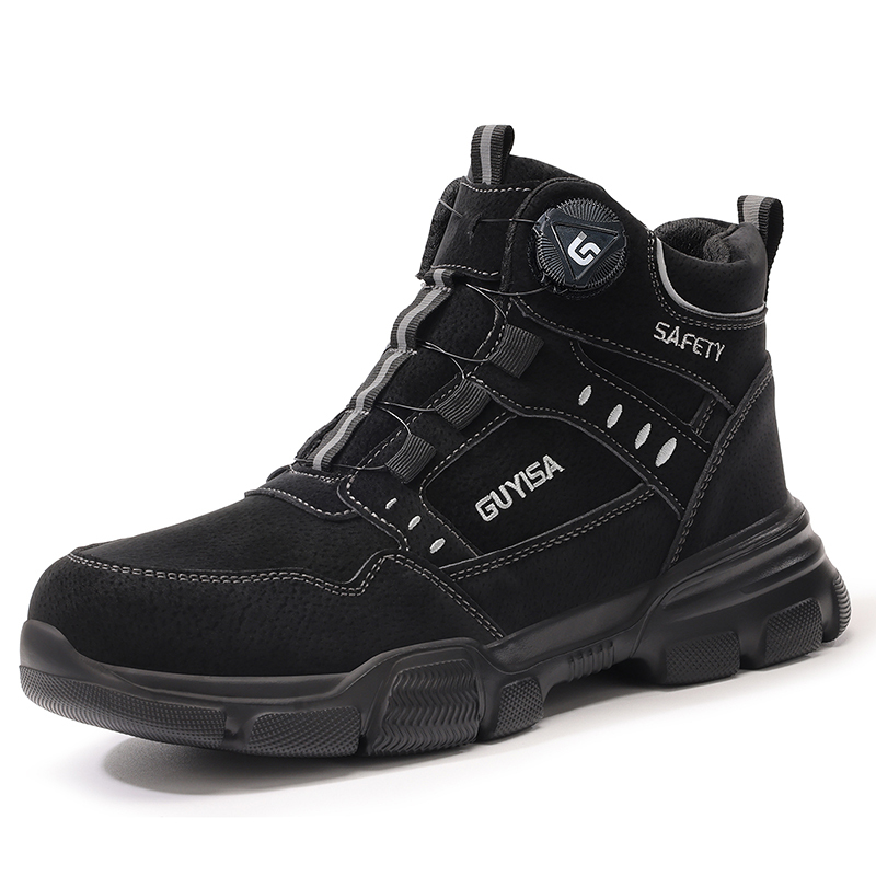 GUYISA steel toe puncture resistant safety boot microfiber upper rubber sole industrial work flyknit lining all season khaki