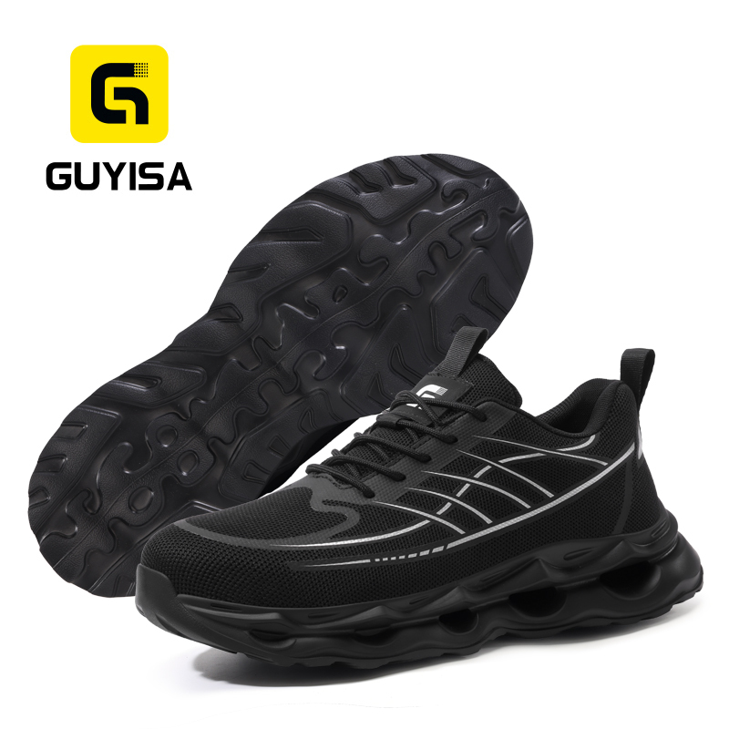 GUYISA Casual Safety Shoes EU Standard Steel Toe Puncture Resistant Flyknit Rubber Sole Industrial Work Black All Season