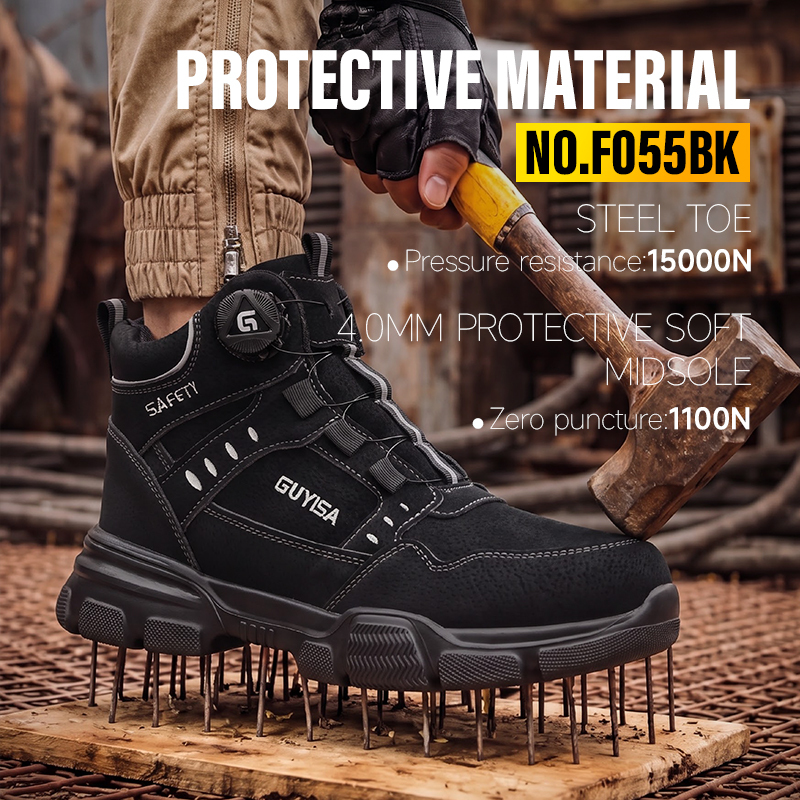 GUYISA High Top Safety Boot Steel Toe Puncture Resistant Microfiber Rubber Plastic Sole Industrial Work Black Four Seasons