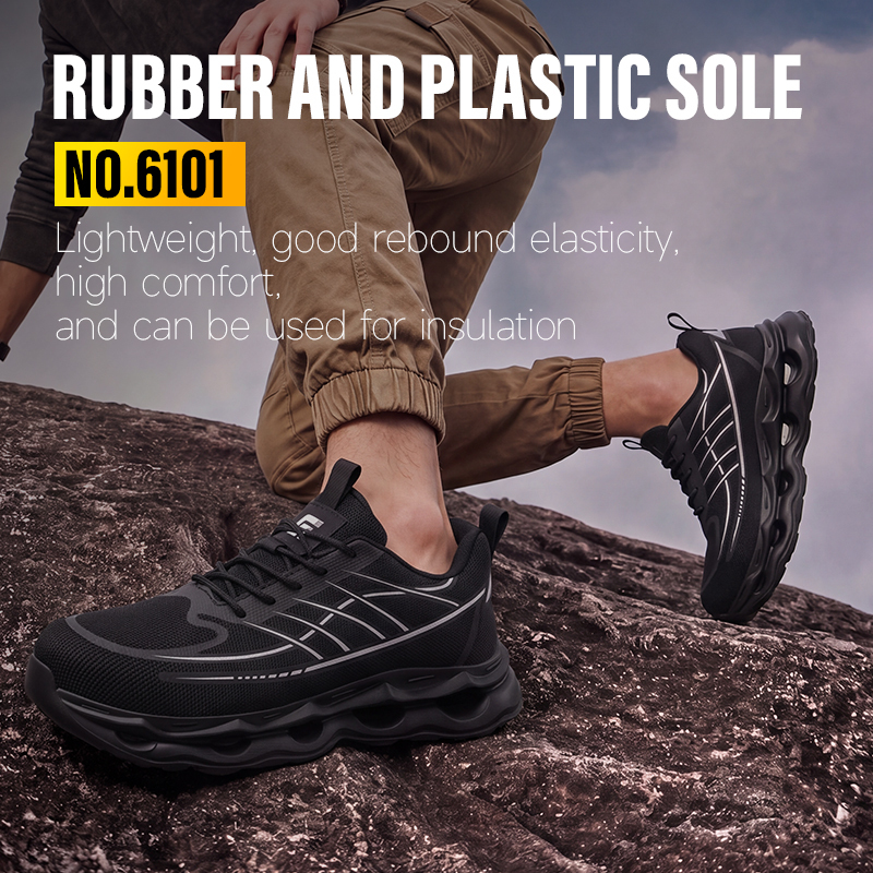 GUYISA Casual Safety Shoes EU Standard Steel Toe Puncture Resistant Flyknit Rubber Sole Industrial Work Black All Season
