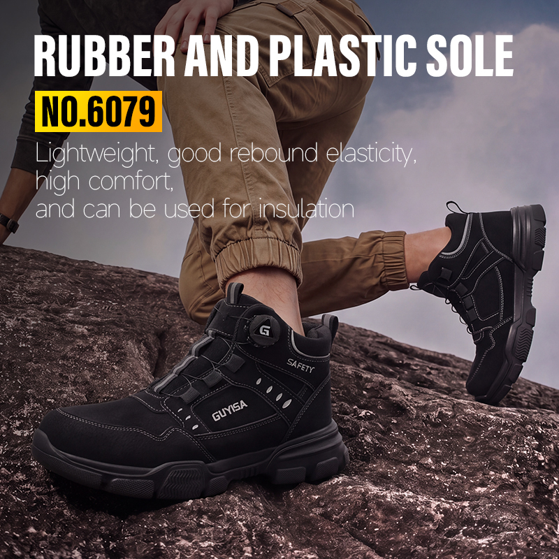 GUYISA High Top Safety Boot Steel Toe Puncture Resistant Microfiber Rubber Plastic Sole Industrial Work Black Four Seasons