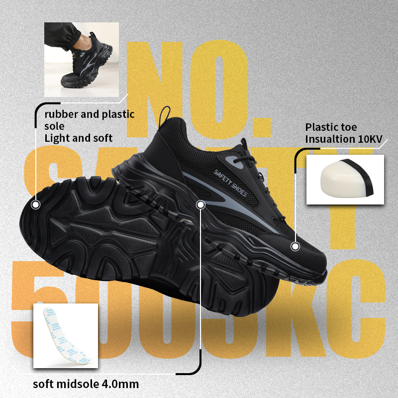 GUYISA Work Safety Shoes Composite Toe Puncture Resistant 10KV Insulated Microfiber Upper Rubber Sole Breathable Mesh Black