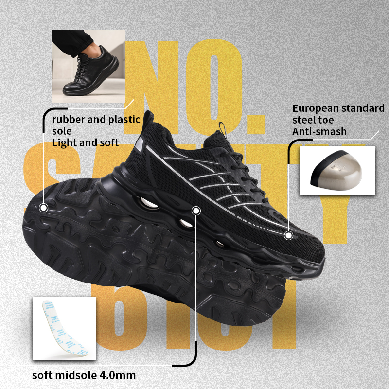 GUYISA Casual Safety Shoes EU Standard Steel Toe Puncture Resistant Flyknit Rubber Sole Industrial Work Black All Season