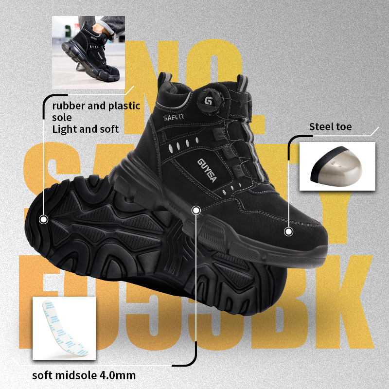 GUYISA High Top Safety Boot Steel Toe Puncture Resistant Microfiber Rubber Plastic Sole Industrial Work Black Four Seasons
