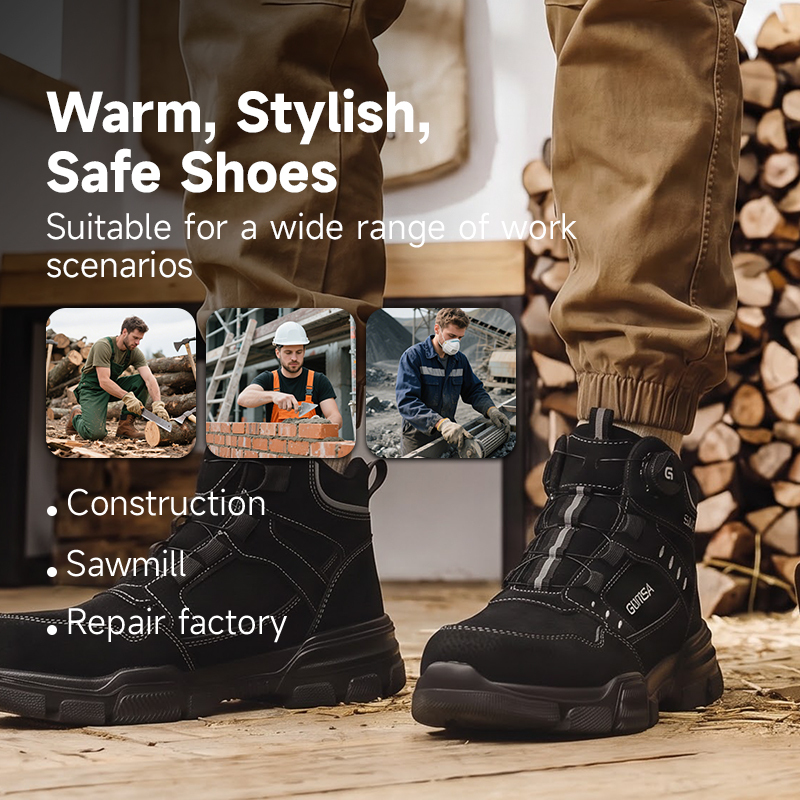 GUYISA High Top Safety Boot Steel Toe Puncture Resistant Microfiber Rubber Plastic Sole Industrial Work Black Four Seasons