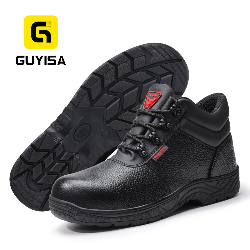 GUYISA safety boot anti smash puncture resistant 4mm midsole plastic toe cowhide leather PU upper rubber sole 10KV insulated