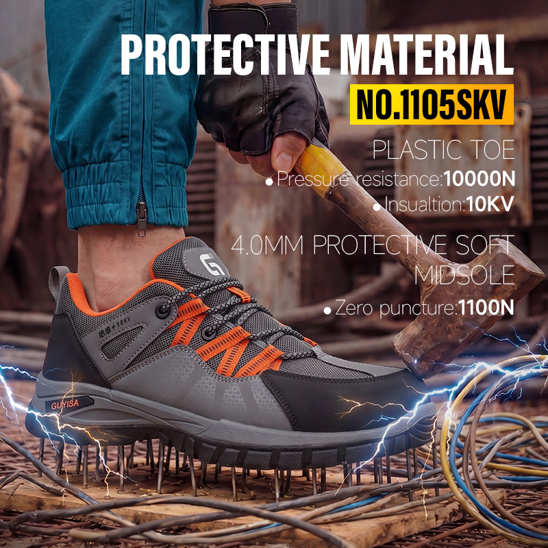 GUYISA safety shoes 10KV insulated puncture resistant plastic toe cap dual density PU sole microfiber grey industrial work