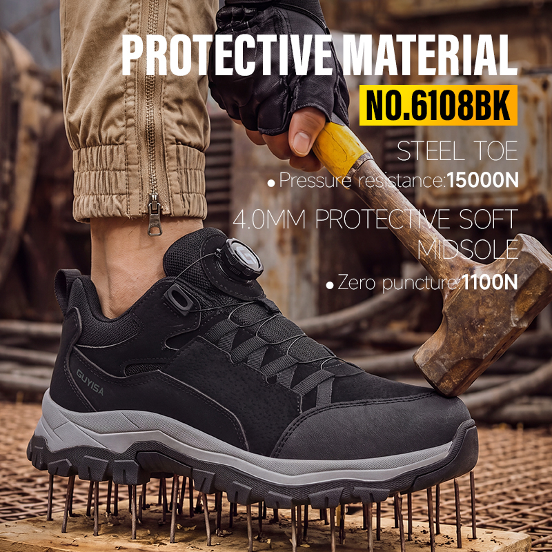 GUYISA safety shoes steel toe puncture resistant European standard microfiber upper rubber sole industrial work hiking black