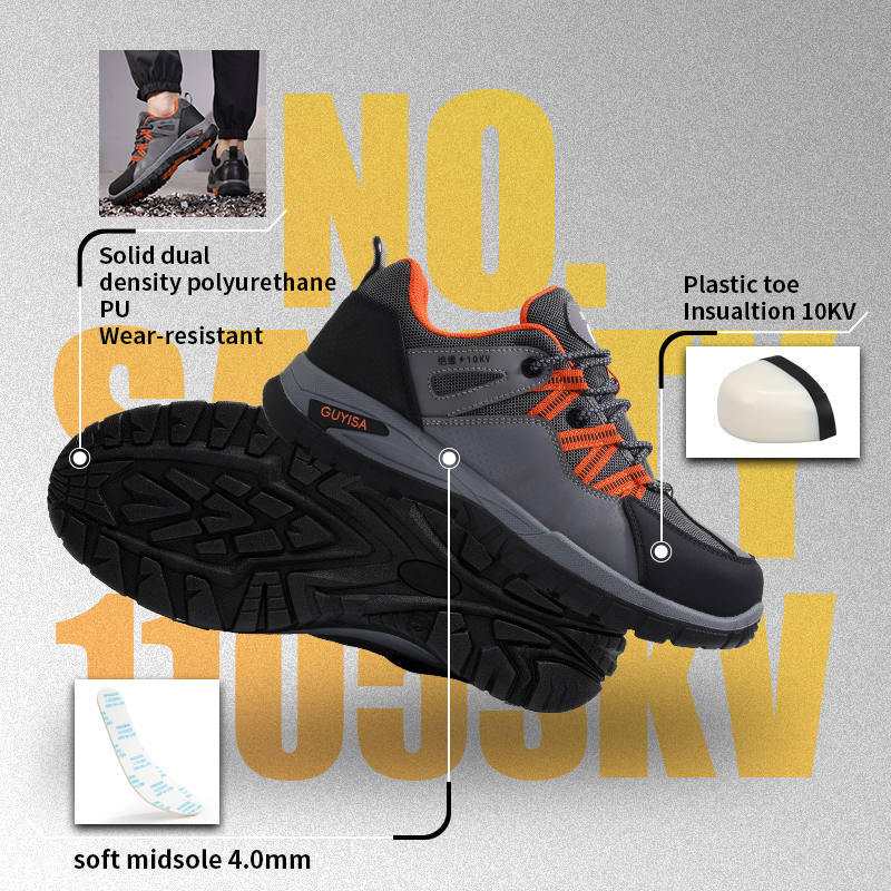 GUYISA safety shoes 10KV insulated puncture resistant plastic toe cap dual density PU sole microfiber grey industrial work