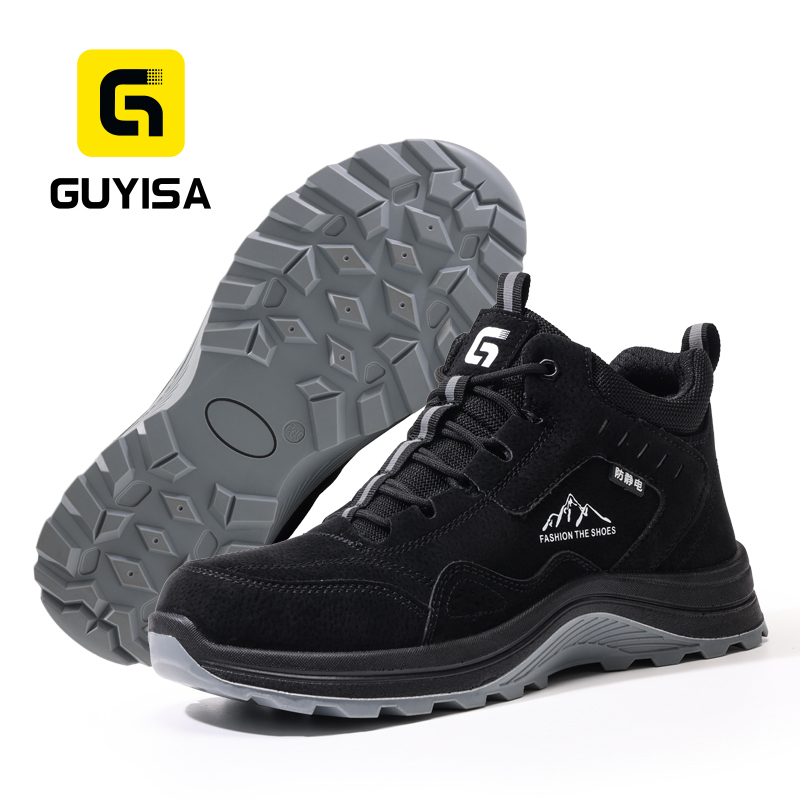 GUYISA Industrial Work Safety Boot Anti Static Dual Density PU Sole Microfiber Wire Mesh Sandwich Lining All Season Black