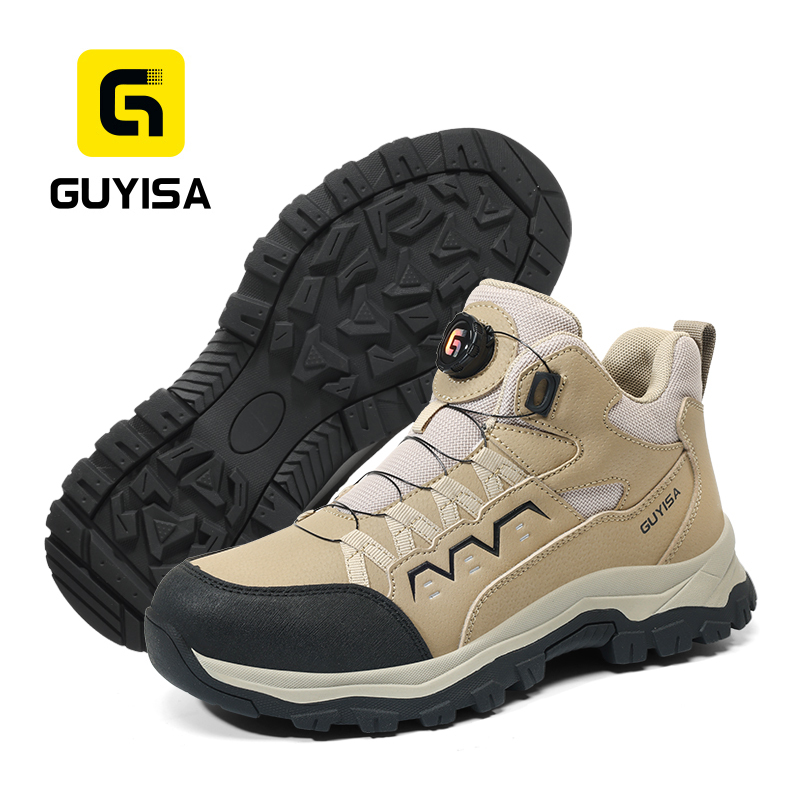 GUYISA Safety Boot Steel Toe Puncture Resistant Microfiber Upper Flyknit Lining Rubber Sole Khaki All Season Sponge Insole