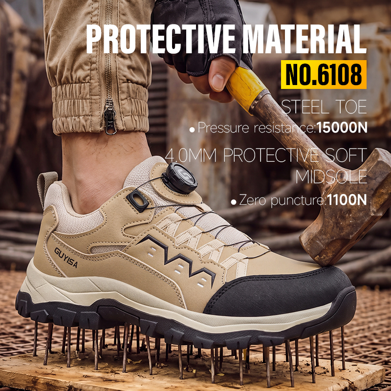 GUYISA EU Steel Toe Puncture Resistant Low Top Safety Shoes Microfiber Rubber Sole Industrial Work Hiking Khaki All Season