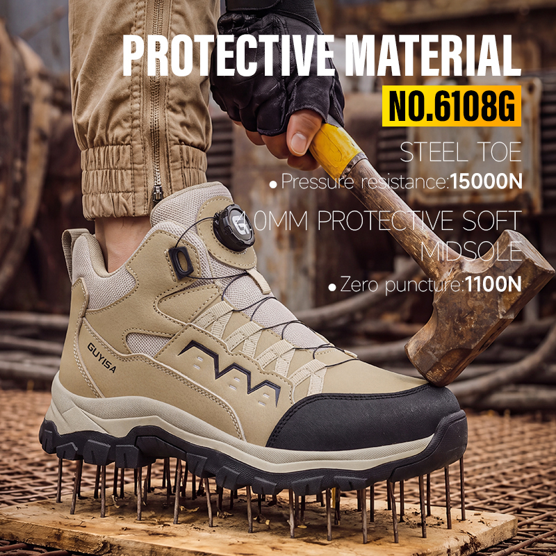 GUYISA Safety Boot Steel Toe Puncture Resistant Microfiber Upper Flyknit Lining Rubber Sole Khaki All Season Sponge Insole
