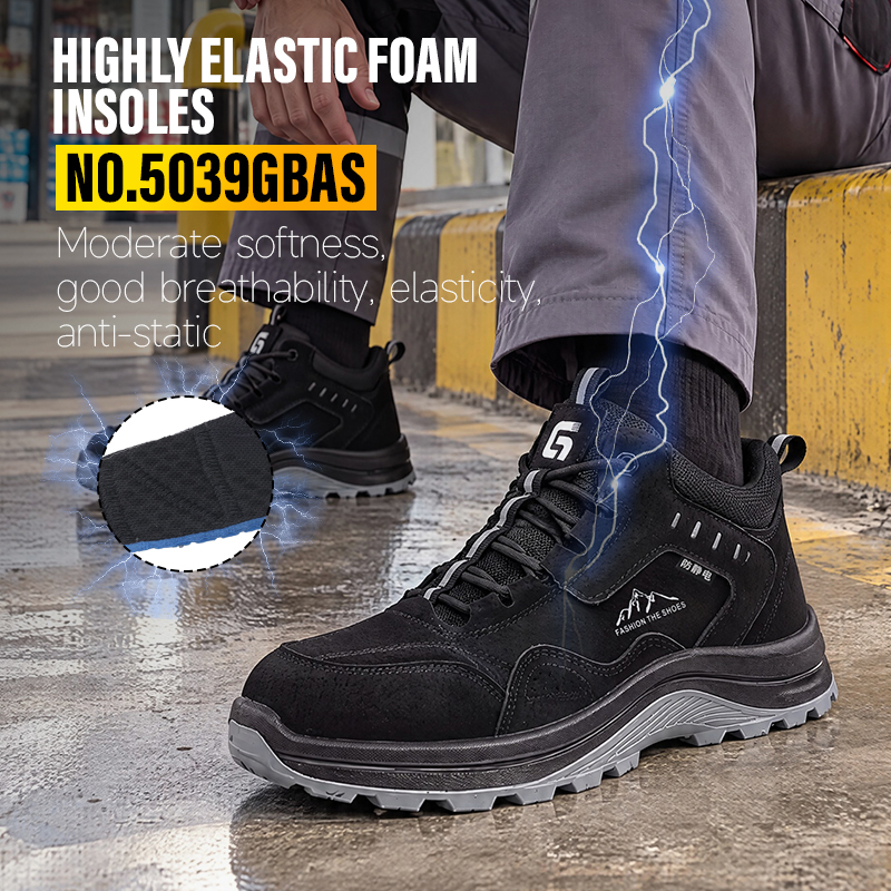 GUYISA Industrial Work Safety Boot Anti Static Dual Density PU Sole Microfiber Wire Mesh Sandwich Lining All Season Black