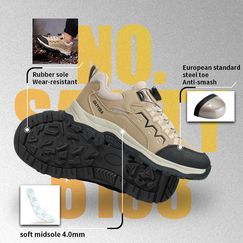 GUYISA EU Steel Toe Puncture Resistant Low Top Safety Shoes Microfiber Rubber Sole Industrial Work Hiking Khaki All Season