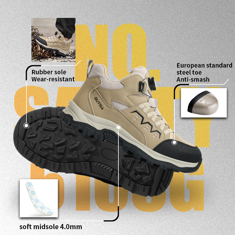 GUYISA Safety Boot Steel Toe Puncture Resistant Microfiber Upper Flyknit Lining Rubber Sole Khaki All Season Sponge Insole