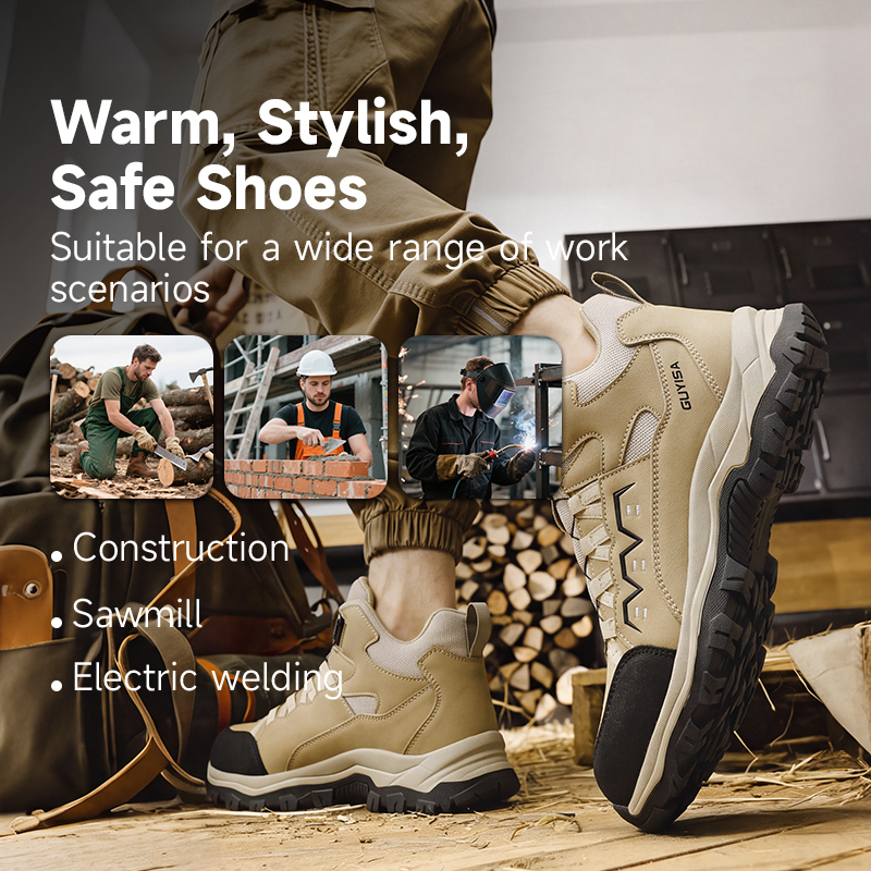 GUYISA Safety Boot Steel Toe Puncture Resistant Microfiber Upper Flyknit Lining Rubber Sole Khaki All Season Sponge Insole