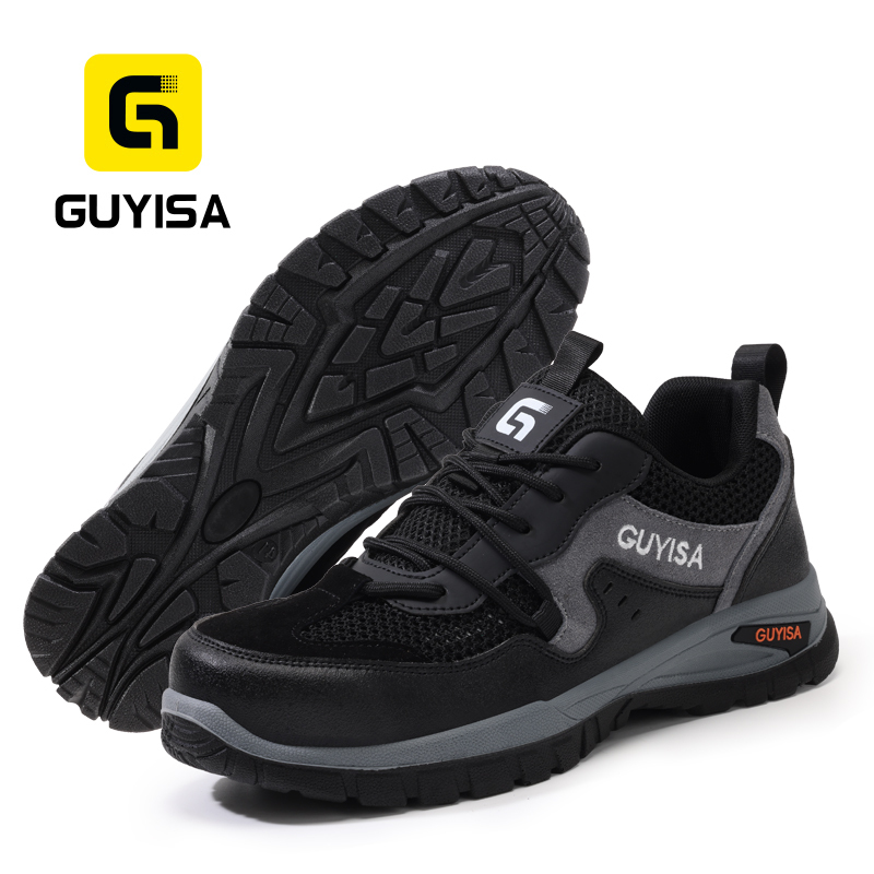 GUYISA Safety Shoes Steel Toe Puncture Resistant Dual Density PU Sole Breathable Flyknit Microfiber Suede Industrial Work