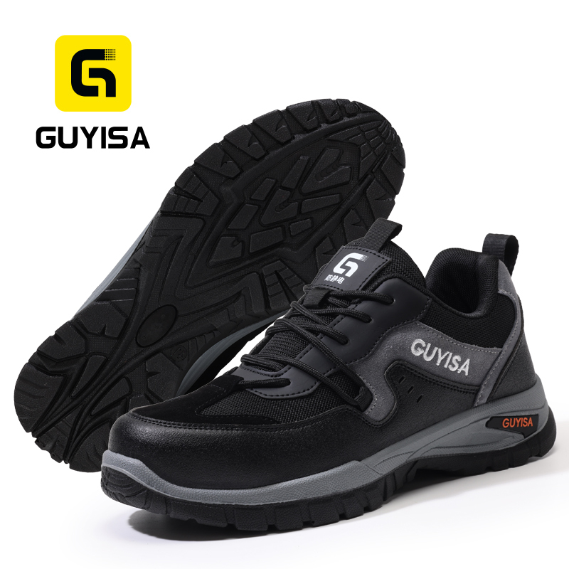 GUYISA Safety Shoes Steel Toe Puncture Resistant Suede Microfiber Dual Density PU Sole Antistatic Black Flyknit Mesh Lining