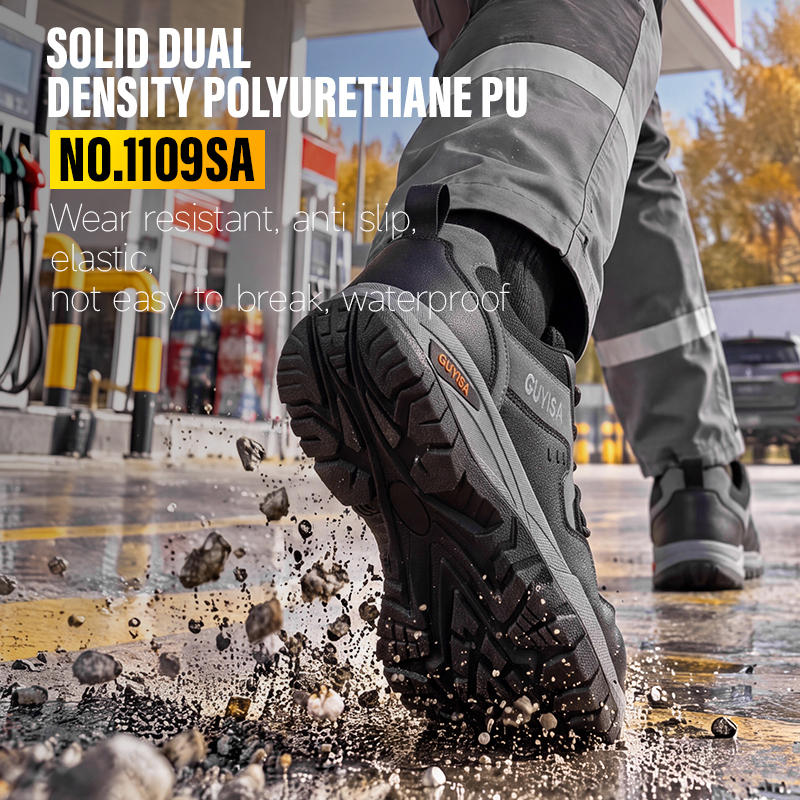 GUYISA Safety Shoes Steel Toe Puncture Resistant Suede Microfiber Dual Density PU Sole Antistatic Black Flyknit Mesh Lining