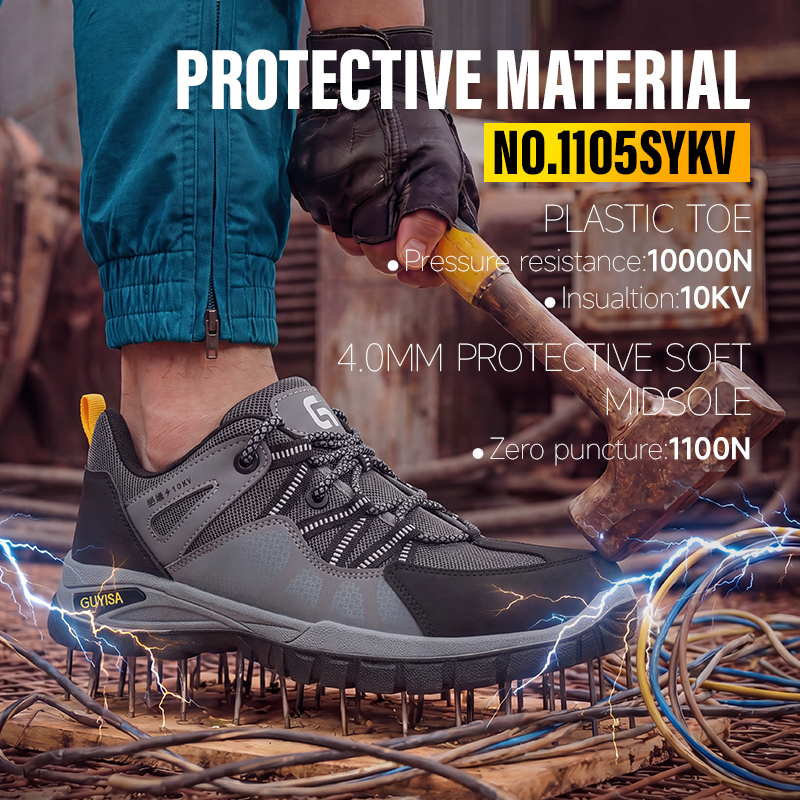 GUYISA safety shoes steel toe puncture resistant 10KV insulation dual density PU sole wire mesh upper industrial work grey