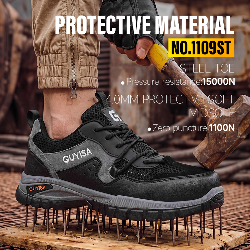 GUYISA Safety Shoes Steel Toe Puncture Resistant Dual Density PU Sole Breathable Flyknit Microfiber Suede Industrial Work