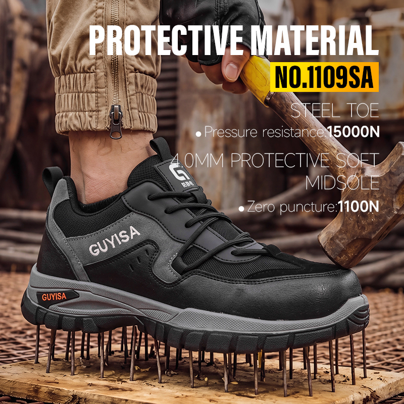 GUYISA Safety Shoes Steel Toe Puncture Resistant Suede Microfiber Dual Density PU Sole Antistatic Black Flyknit Mesh Lining