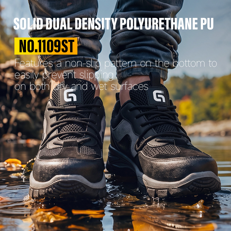 GUYISA Safety Shoes Steel Toe Puncture Resistant Dual Density PU Sole Breathable Flyknit Microfiber Suede Industrial Work