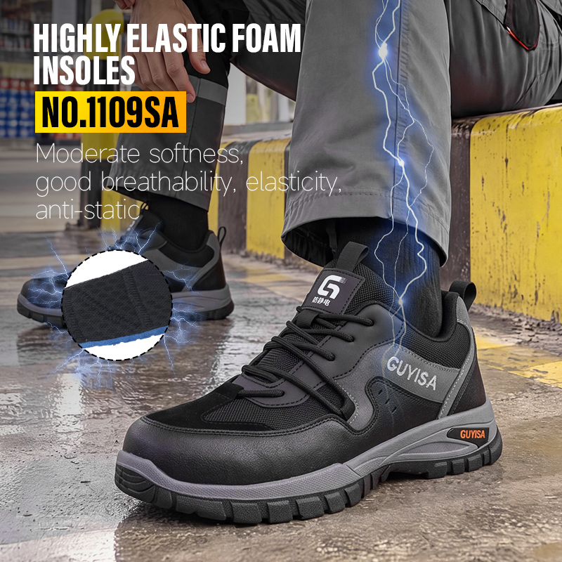 GUYISA Safety Shoes Steel Toe Puncture Resistant Suede Microfiber Dual Density PU Sole Antistatic Black Flyknit Mesh Lining