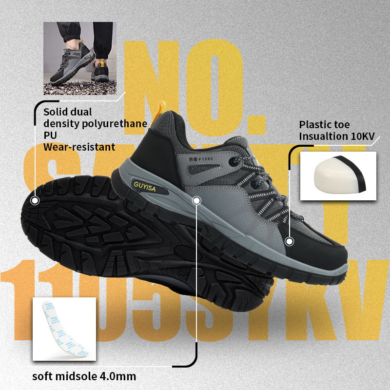 GUYISA safety shoes steel toe puncture resistant 10KV insulation dual density PU sole wire mesh upper industrial work grey