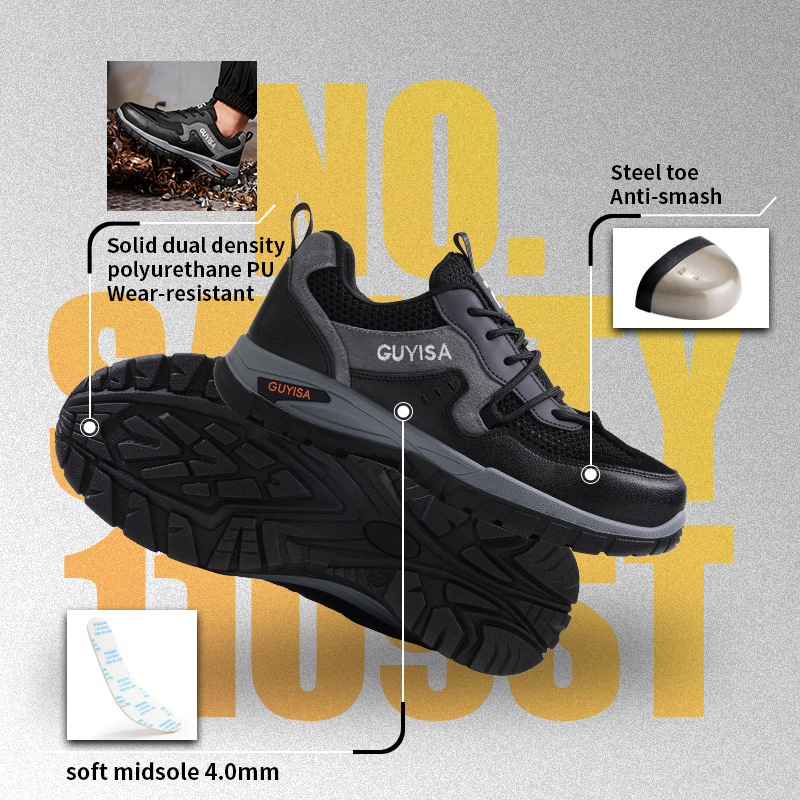 GUYISA Safety Shoes Steel Toe Puncture Resistant Dual Density PU Sole Breathable Flyknit Microfiber Suede Industrial Work
