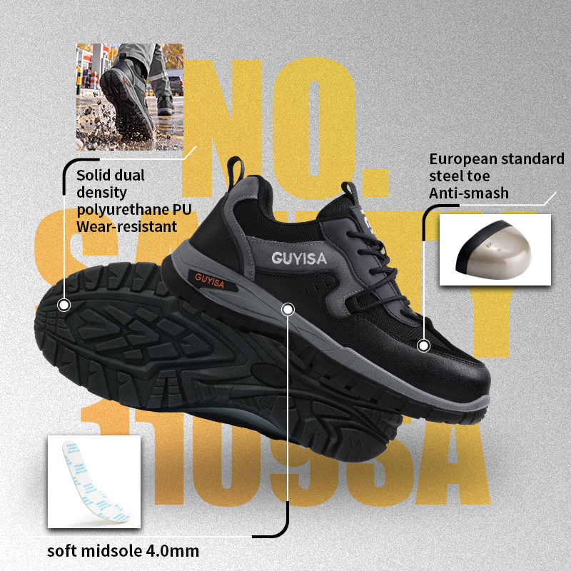 GUYISA Safety Shoes Steel Toe Puncture Resistant Suede Microfiber Dual Density PU Sole Antistatic Black Flyknit Mesh Lining