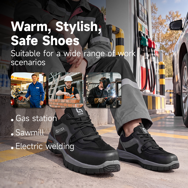 GUYISA Safety Shoes Steel Toe Puncture Resistant Suede Microfiber Dual Density PU Sole Antistatic Black Flyknit Mesh Lining
