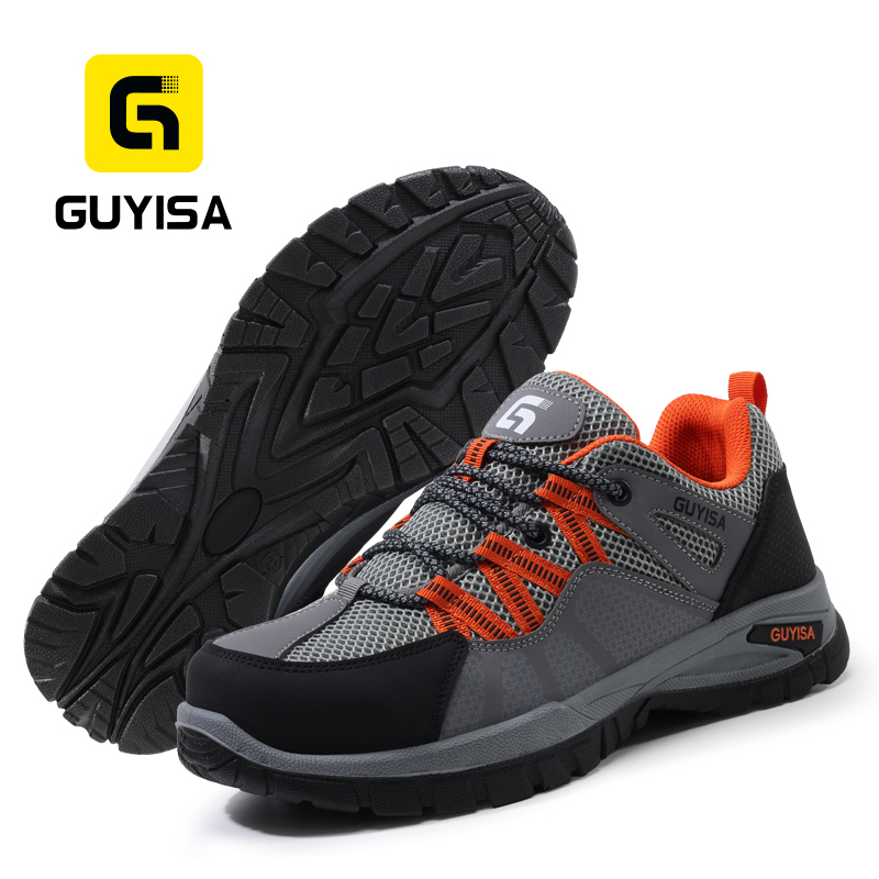 GUYISA Safety Shoes Steel Toe Puncture Resistant Flyknit Microfiber Dual Density PU Sole Grey Summer Low Top Industrial Work