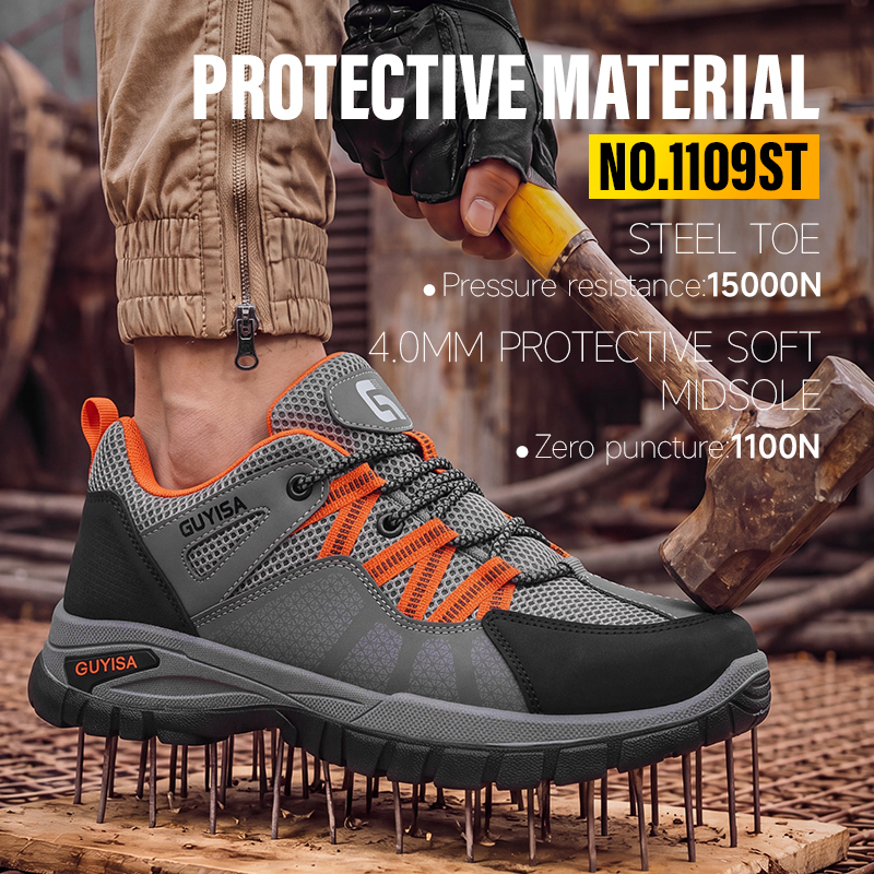 GUYISA Safety Shoes Steel Toe Puncture Resistant Flyknit Microfiber Dual Density PU Sole Grey Summer Low Top Industrial Work
