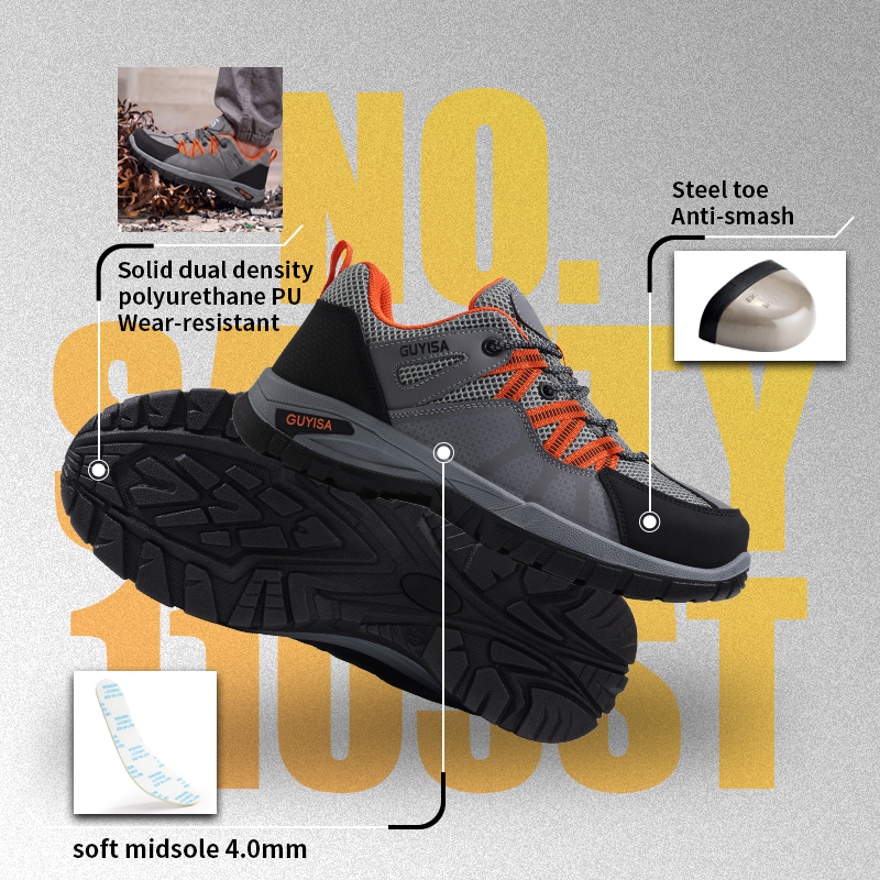 GUYISA Safety Shoes Steel Toe Puncture Resistant Flyknit Microfiber Dual Density PU Sole Grey Summer Low Top Industrial Work