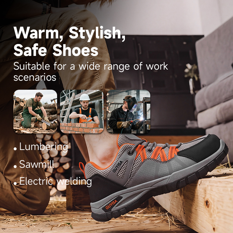 GUYISA Safety Shoes Steel Toe Puncture Resistant Flyknit Microfiber Dual Density PU Sole Grey Summer Low Top Industrial Work