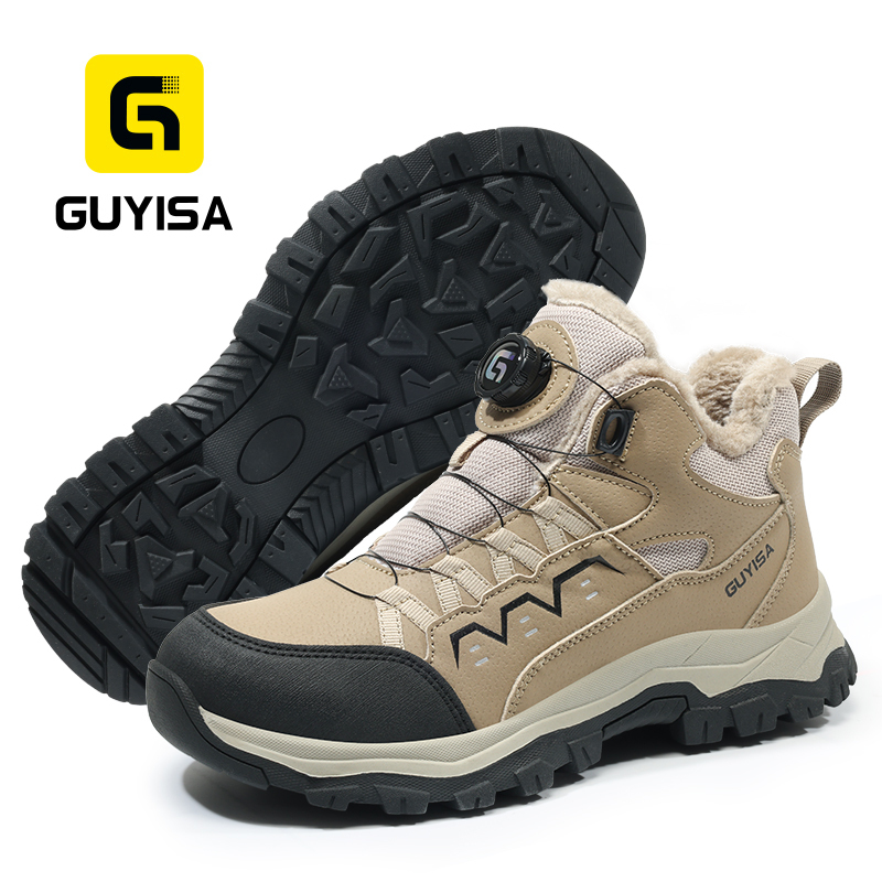 GUYISA Hiking Safety Boot Steel Toe Cap Puncture Resistant Microfiber Wire Mesh Upper Rubber Sole Warm Lined Winter Khaki
