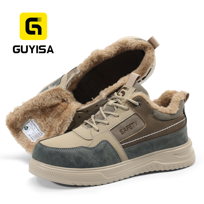 GUYISA Safety Shoes Steel Toe Puncture Resistant Microfiber Wire Mesh Upper Rubber Outsole Low Top Warm Lined Winter Khaki