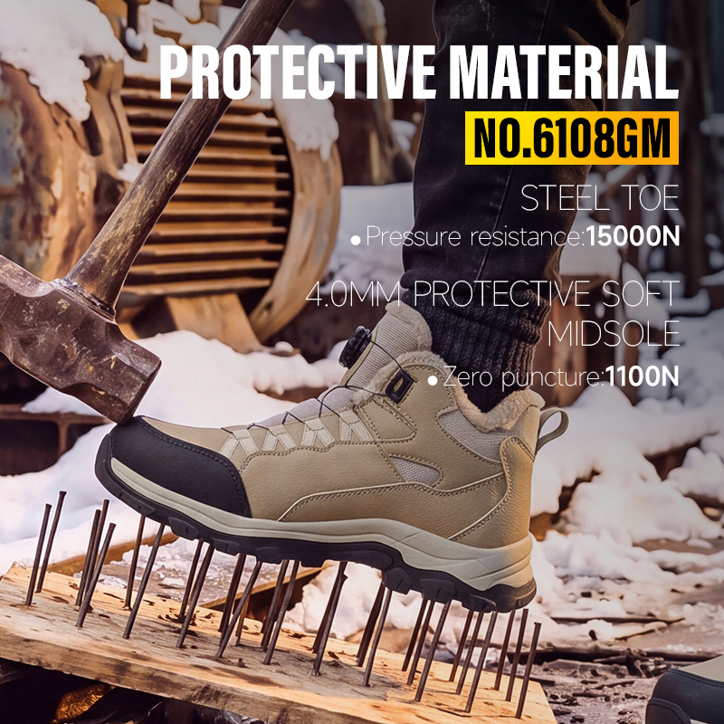 GUYISA Hiking Safety Boot Steel Toe Cap Puncture Resistant Microfiber Wire Mesh Upper Rubber Sole Warm Lined Winter Khaki