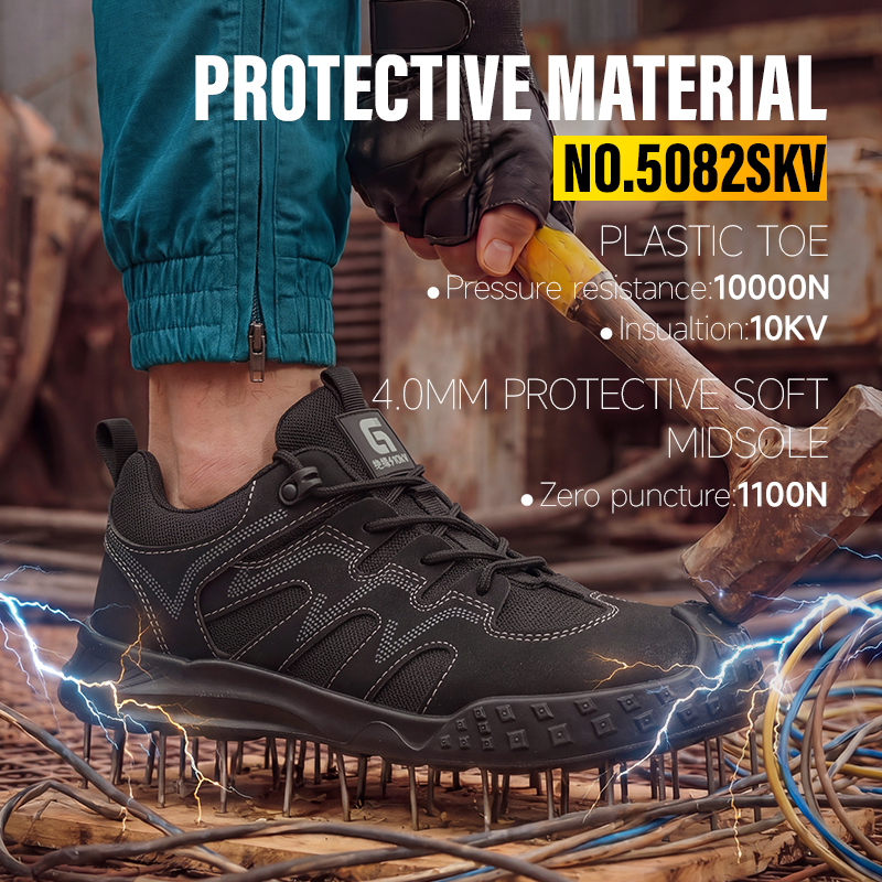 GUYISA safety shoes plastic toe cap puncture resistant 10KV insulated microfiber dual density PU sole industrial work black