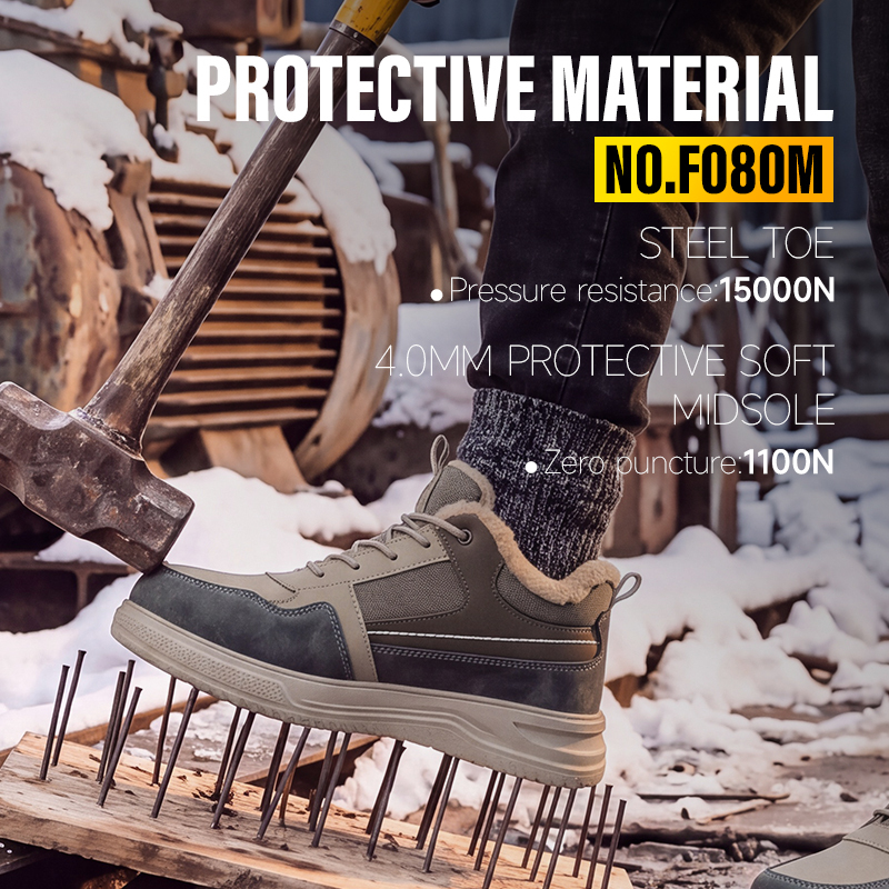 GUYISA Safety Shoes Steel Toe Puncture Resistant Microfiber Wire Mesh Upper Rubber Outsole Low Top Warm Lined Winter Khaki