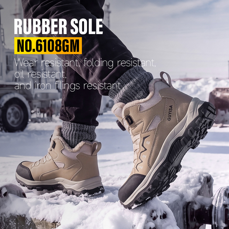 GUYISA Hiking Safety Boot Steel Toe Cap Puncture Resistant Microfiber Wire Mesh Upper Rubber Sole Warm Lined Winter Khaki