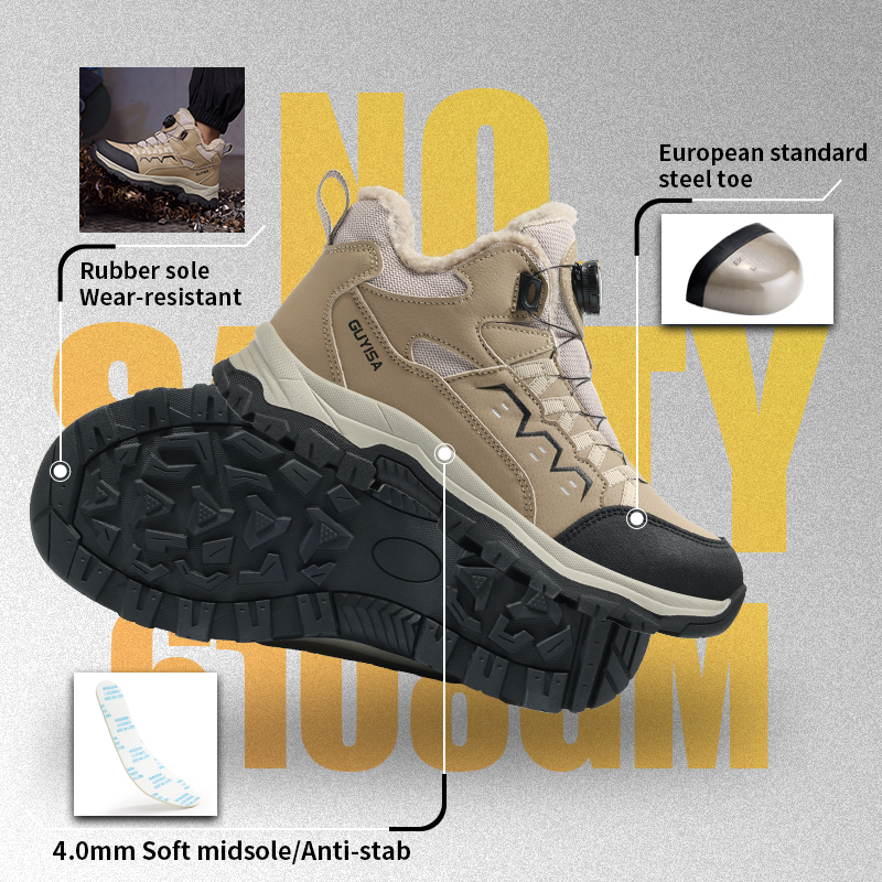 GUYISA Hiking Safety Boot Steel Toe Cap Puncture Resistant Microfiber Wire Mesh Upper Rubber Sole Warm Lined Winter Khaki