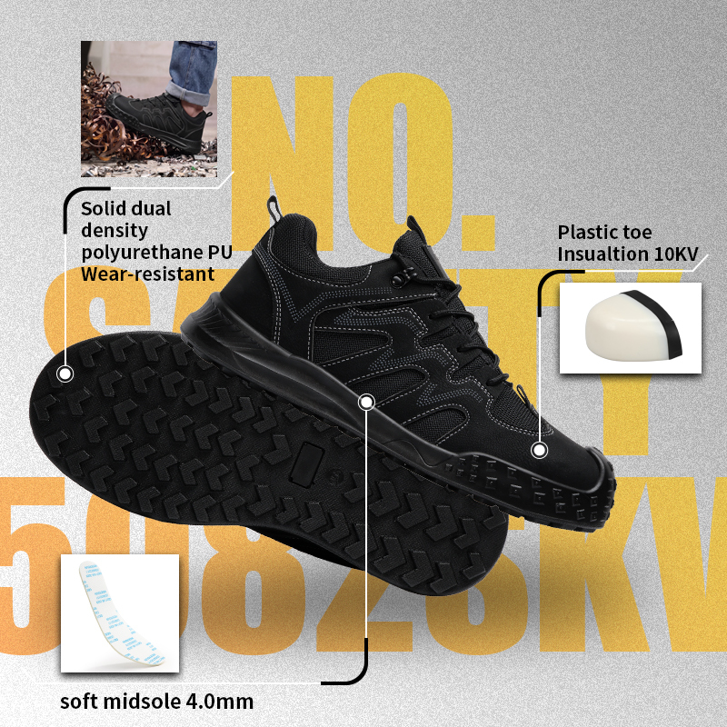 GUYISA safety shoes plastic toe cap puncture resistant 10KV insulated microfiber dual density PU sole industrial work black