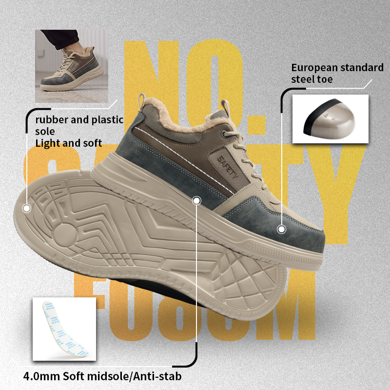 GUYISA Safety Shoes Steel Toe Puncture Resistant Microfiber Wire Mesh Upper Rubber Outsole Low Top Warm Lined Winter Khaki