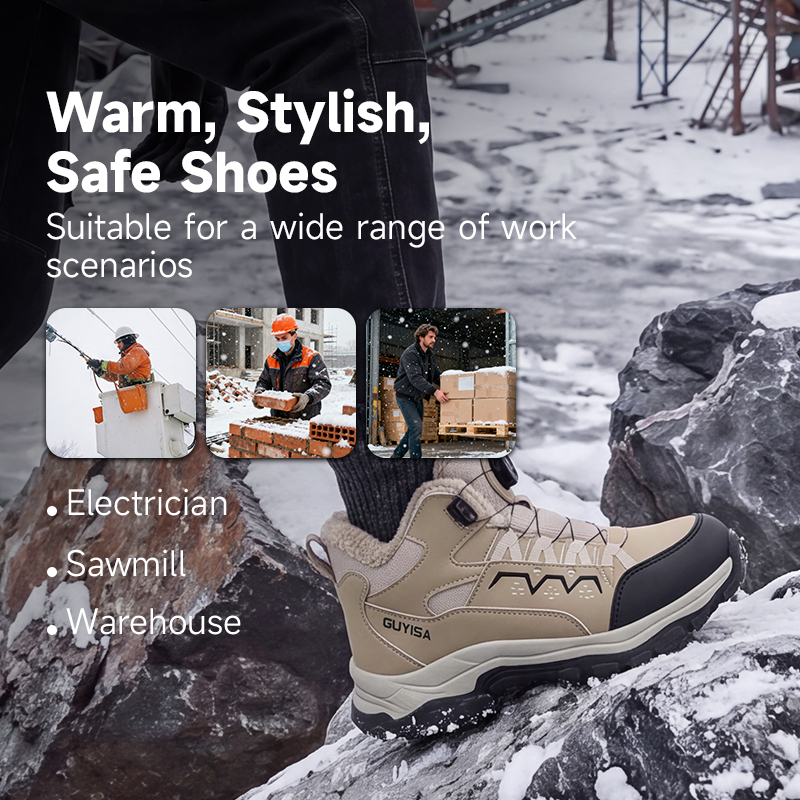GUYISA Hiking Safety Boot Steel Toe Cap Puncture Resistant Microfiber Wire Mesh Upper Rubber Sole Warm Lined Winter Khaki