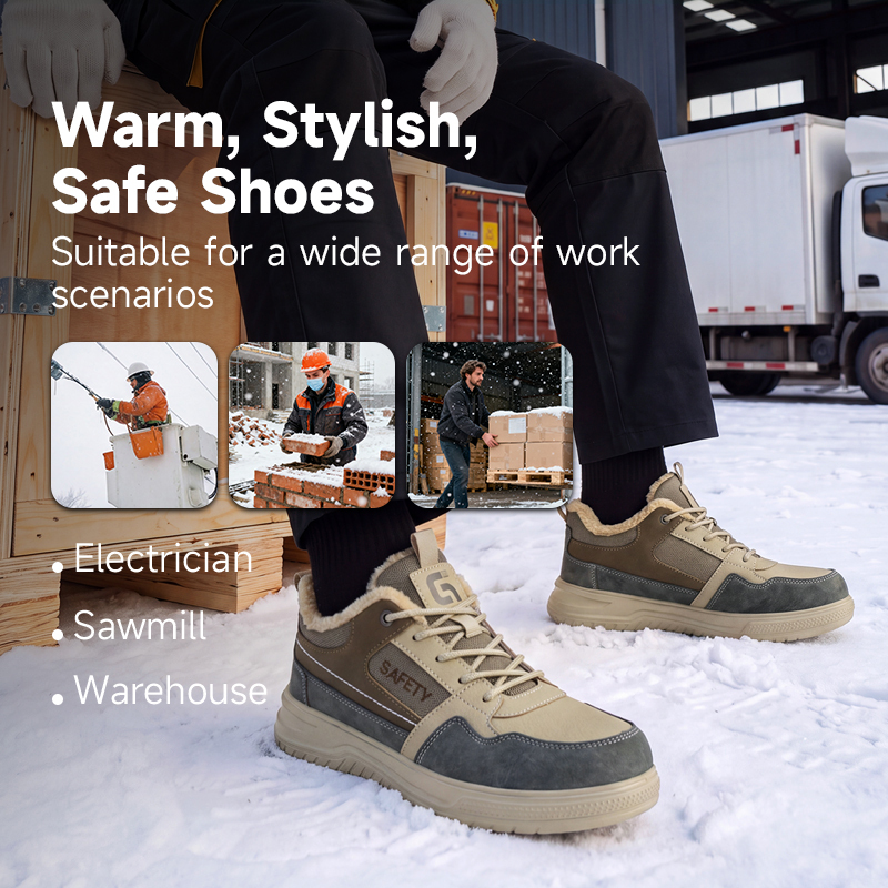 GUYISA Safety Shoes Steel Toe Puncture Resistant Microfiber Wire Mesh Upper Rubber Outsole Low Top Warm Lined Winter Khaki