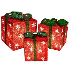 Set of 3 Sparkling Sisal Gift Boxes With Bows Lighted Christmas Home Garden Yard Art Decorations