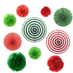Set of 10 Christmas Green Red Fans Rosettes Hanging Ornament Xmas Birthday Party Wedding Decorative